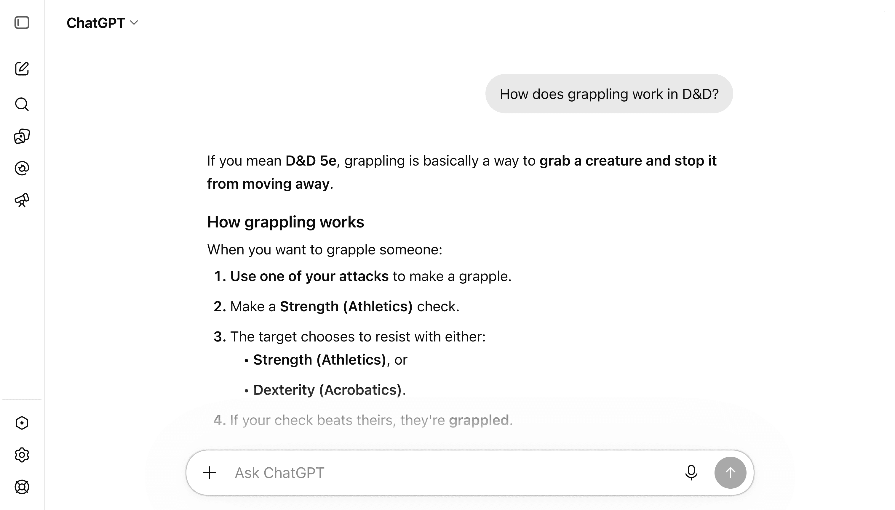ChatGPT answering a D&D grappling question with the 2014 Athletics contest rule
